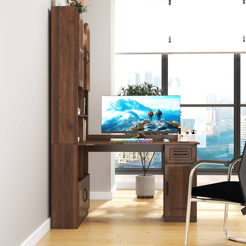 Roomfitters L-Shaped Corner Computer Desk with Hutch, Bookshelf & Cabinets, 2-in-1 Home Office Study Table with Drawer, Walnut