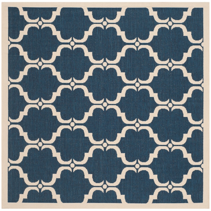 SAFAVIEH Courtyard Rozina Indoor/ Outdoor Waterproof Patio Backyard Rug - 7'10" Square - Navy/Beige