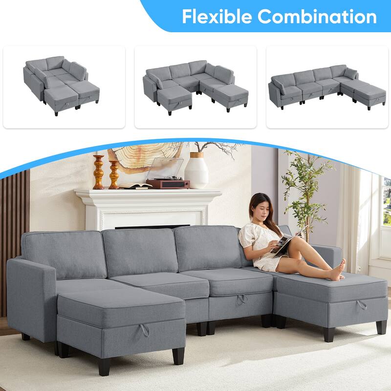 Mixoy Flexible Combination Reversible 4-Seater Modular Sofa with Ottomans,Linen Convertible Sleeper Sofa Bed with Storage Space