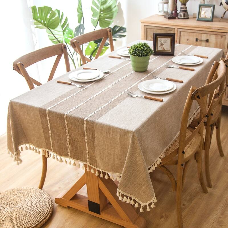 Enova Home 54"x 78" High Quality Rectangle Cotton and Linen Tablecloth with Tassels - Khaki