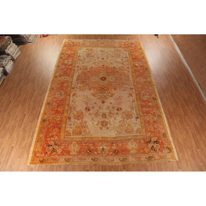 Pre-1900 Antique Vegetable Dye Oushak Turkish Rug Handmade Wool Carpet - 12'3"x 18'5"