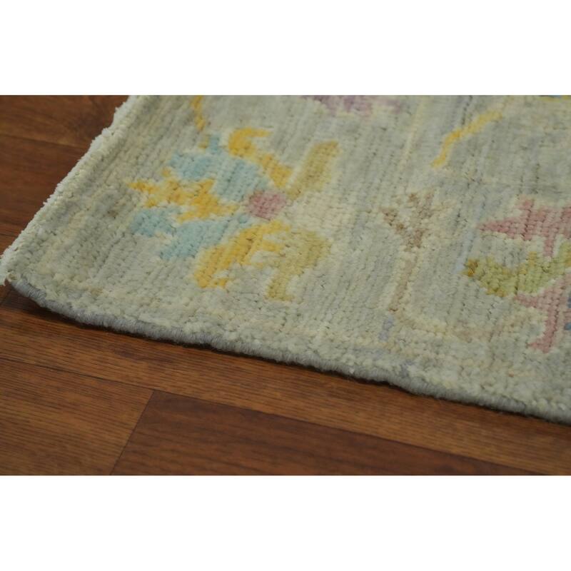 Vegetable Dye Gray Oushak Turkish Runner Rug, Floral Geometric Carpet - 11' 5'' X 3' 1''