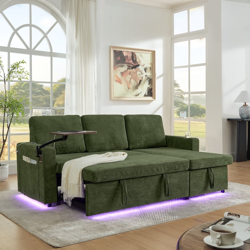 Pull Out Sleeper Sofa Bed Chenille L-shaped Sectional Couch with Storage Chaise, Retractable Table, LED, USB and Cup Holders