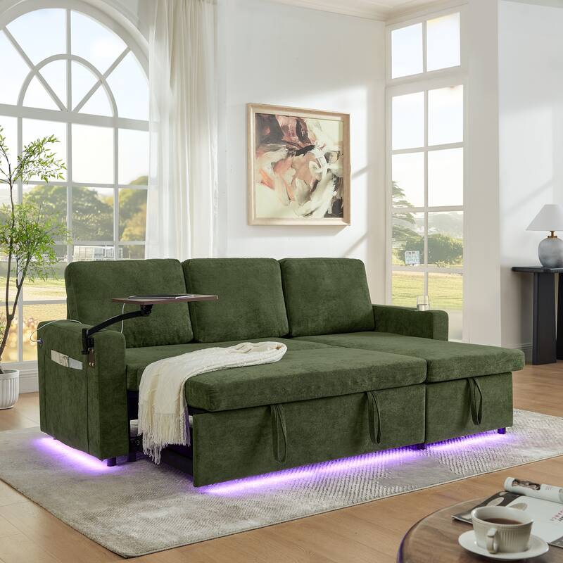 Roomfitters Modern Chenille Pull-Out Bed Sofa with Retractable Table, LED Lighting, USB Ports and Cup Holders