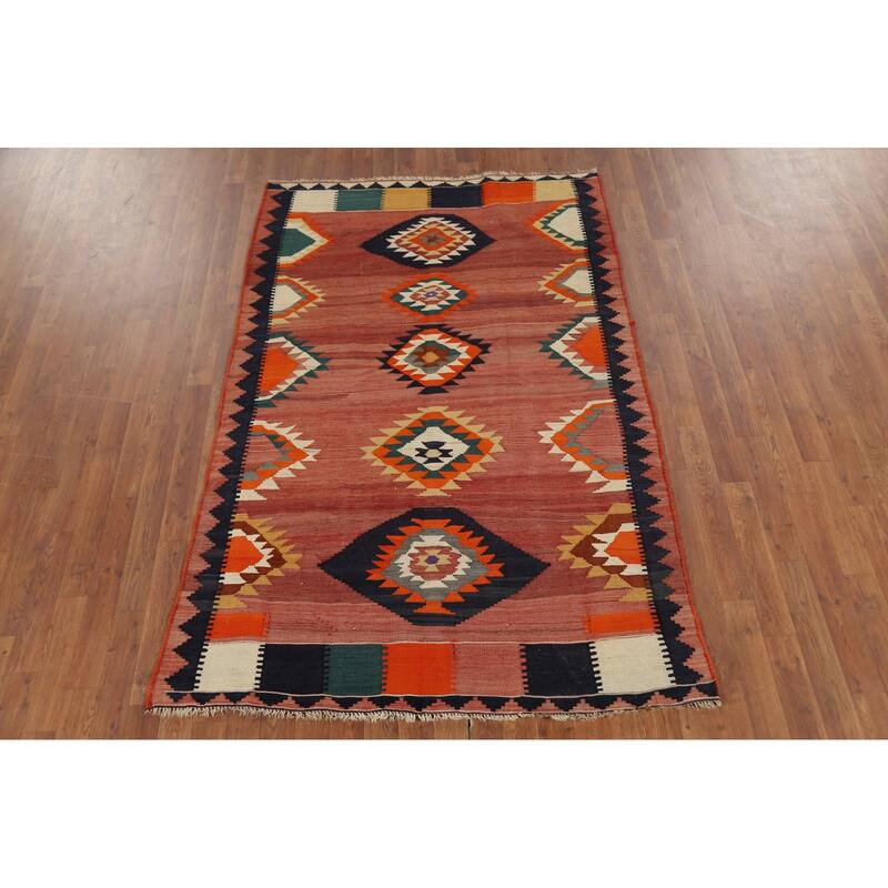 Vegetable Dye Kilim Qashqai Persian Rug Hand-Woven Vintage Wool Carpet - 4'4"x 6'6"