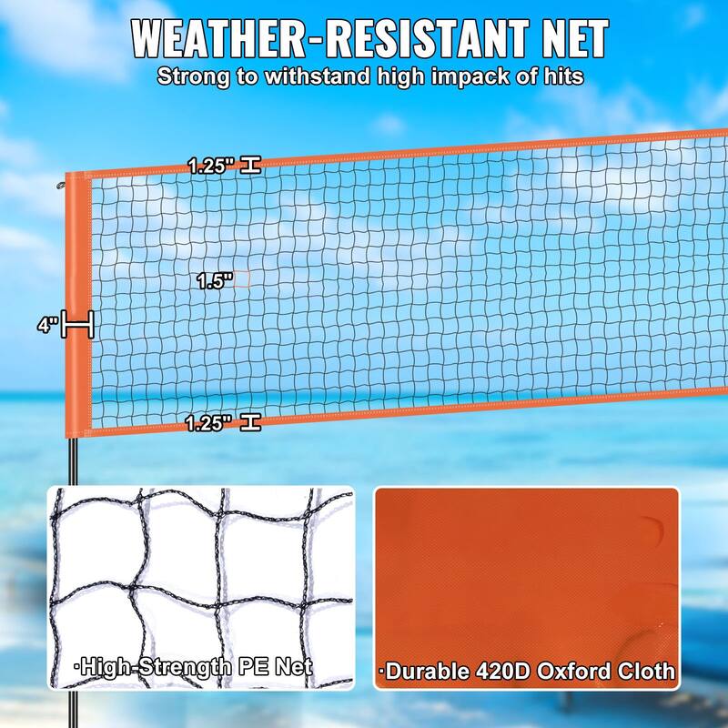 Orange Steel and PE Adjustable Volleyball Net, Weatherproof, Portable and Quick Setup
