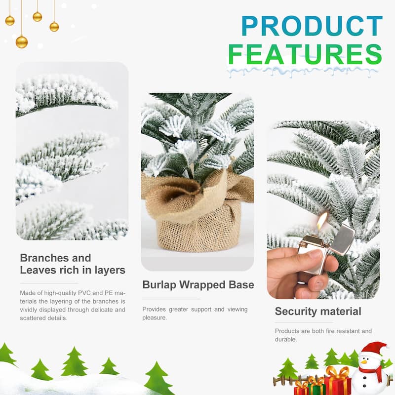 50CM Flocked Tabletop Christmas Tree, Full PE Snowy Mini Tree with 85 Tips,Cement Burlap Base