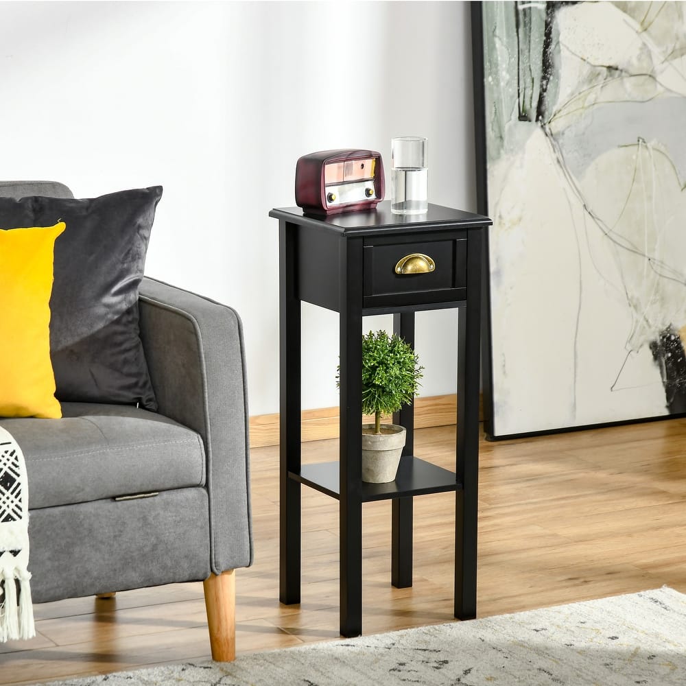 HOMCOM 2-Tier Night Stand with Drawer, Narrow End Table with Bottom Shelf, for Living Room or Bedroom