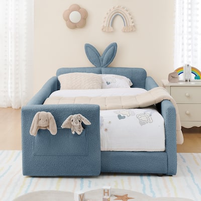 Twin Size Platform Bed Upholstered Bed with Safety Rail and Pocket, Kids Bed with Rabbit Ear, Skin-friendly Boucle Fabric
