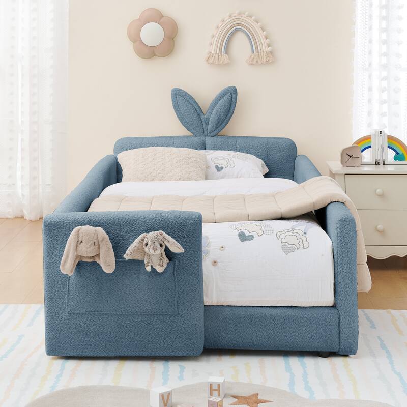 Twin Upholstered Platform Bed with Bunny Ear Headboard, Safety Rail & Pocket in Boucle Fabric