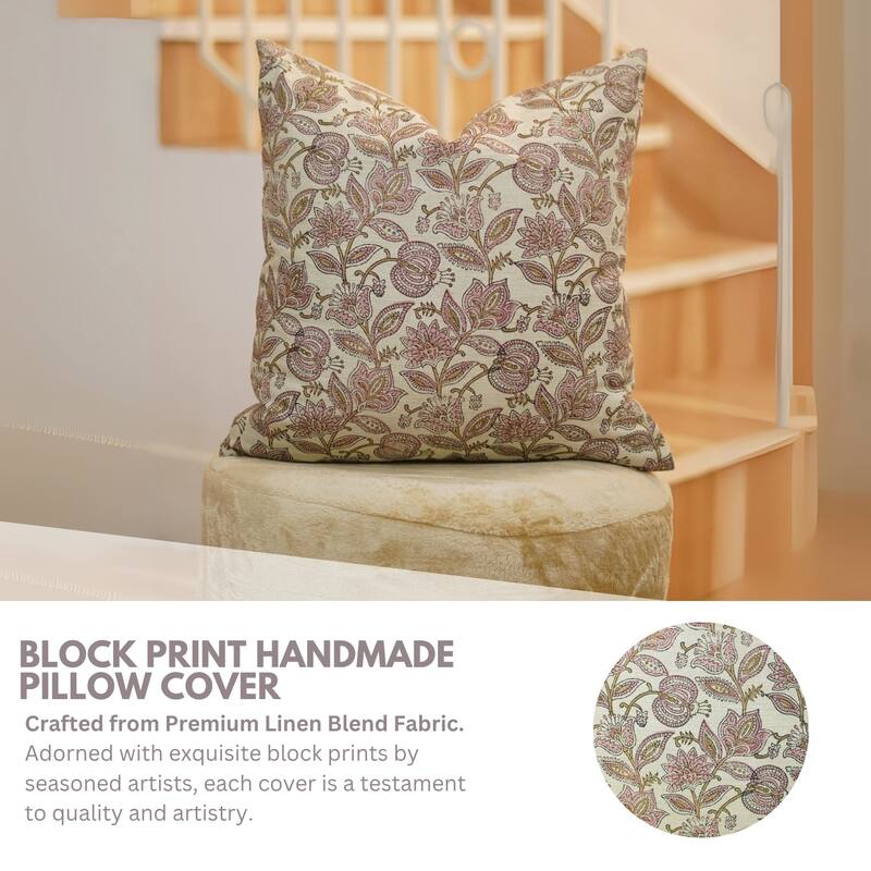 Fabdivine Linen Blend Handmade Block printed Floral Cushion Cover for Rustic Living or Bedroom 14x20 Inch, Custard Apple