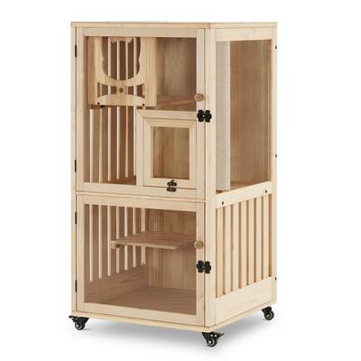 MCombo Luxury Cat / Kitten Villa House with Scratching Post & Wheels, Wooden CT15 - 23.62”x23.62”x47.24”