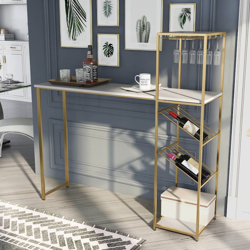 Aubrey Contemporary White and Gold Coating Metal Wine Shelf Bar Table by Furniture of America