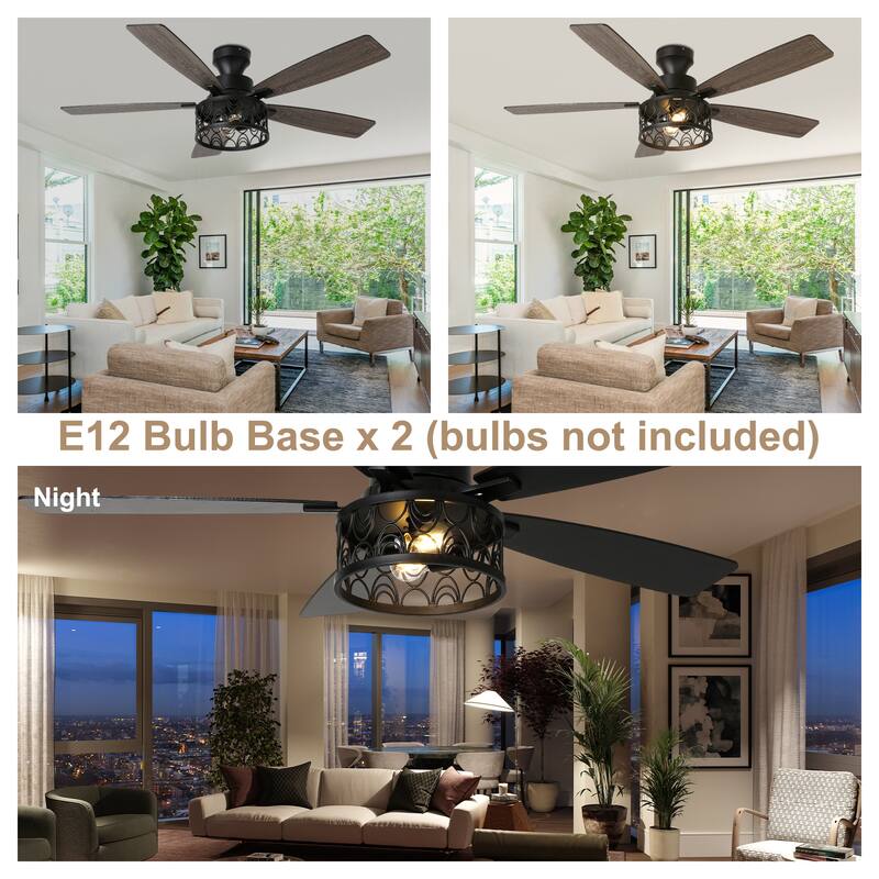 Bella Depot 52" Black Modern Flush Mount Ceiling Fan with Light and Remote