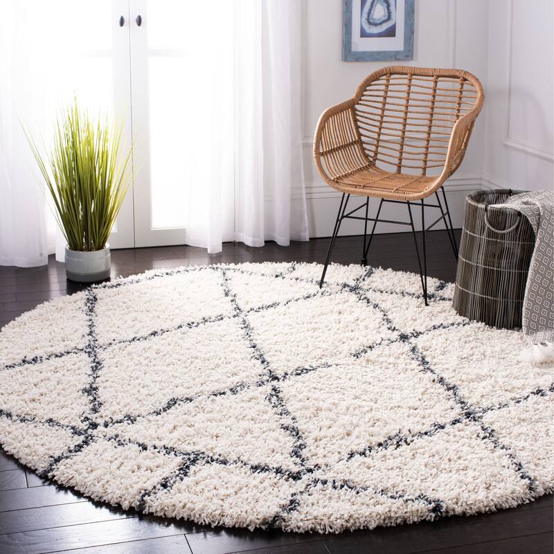 SAFAVIEH Pro Luxe Shag Yuna Moroccan Tassel 2.4-inch Thick - 6'7" x 6'7" Round - Cream/Blue - Round