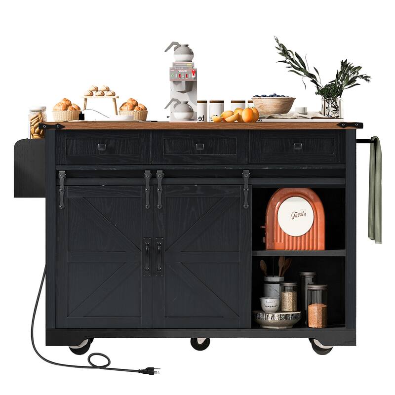 53.7" Farmhouse Kitchen Island with Power Outlet, 2 Sliding Barn Door Kitchen Storage Island with Drop Leaf