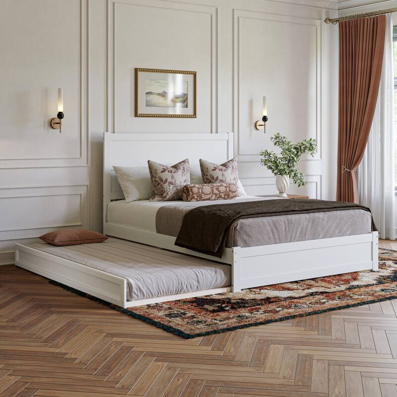 Aveline Wood Platform Bed with Matching Footboard & Trundle - White - Queen