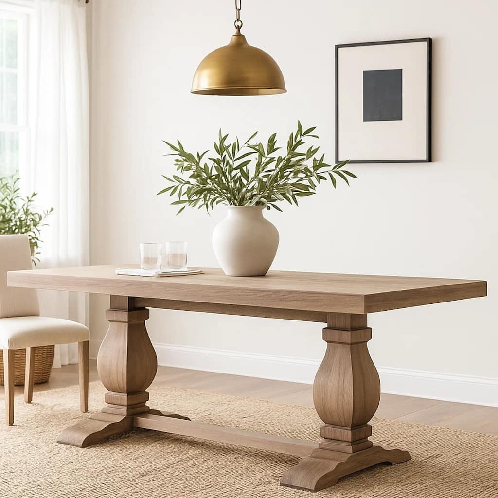 Anna Dining Table, Carved Legs, Natural Wheat Wood, 84 Inch Rectangular - White, Natural Wheat Brown