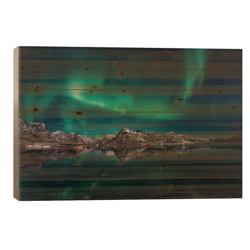 Lofoten Aurora Reflection Print On Wood by Javier de la Torre - Multi-Color - 18x26x1.5