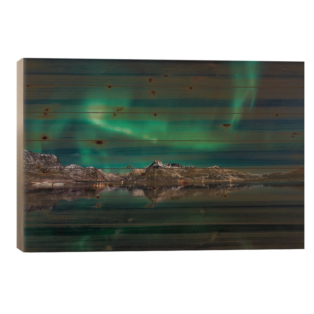 Lofoten Aurora Reflection Print On Wood by Javier de la Torre - Multi-Color