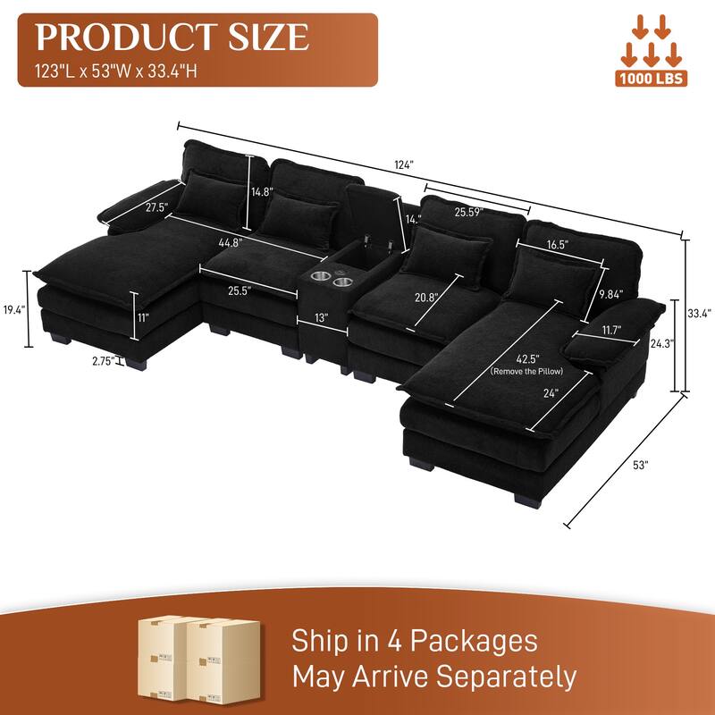 U-shaped Sectional Sofa Chenille Fabric Doudle Layer Cushion with USB Central Console