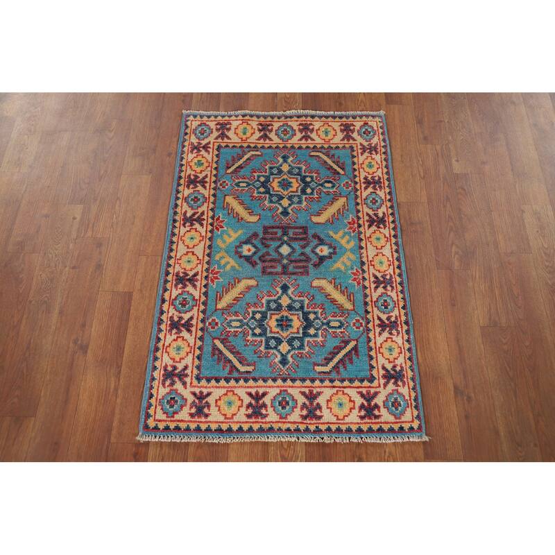 Hand Knotted Oriental 100% Wool Carpet Traditional Geometric Navy Blue & Blues Kazak Area Rug - 3' 0'' X 2' 0''