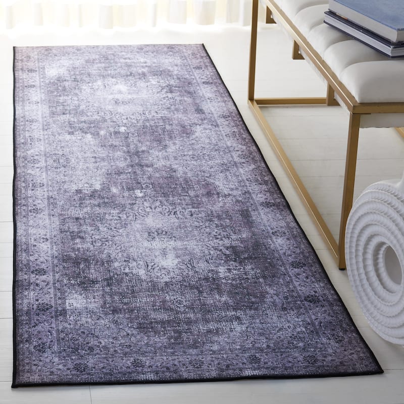 SAFAVIEH Tucson Machine Washable Slip Resistant Genny Oriental Distressed - 2' 6" x 20' - Black/Grey - Runner