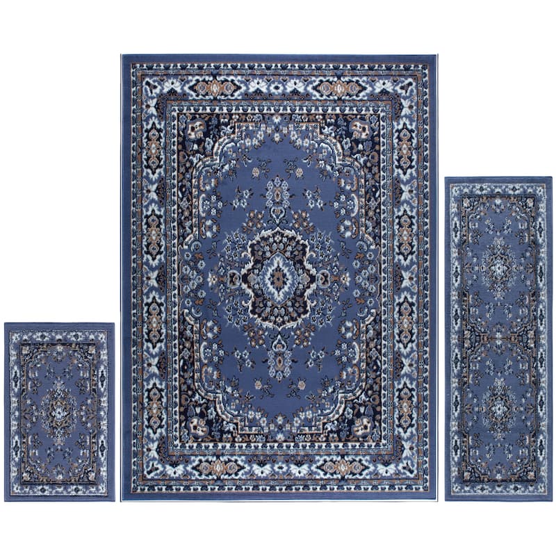 Home Dynamix Ariana Collection Traditional 3-Piece Area Rug (4'11"x6'11", 1'8"x4'11", 1'8"x2'8") - 5' x 7' - Country Blue - Rectangle