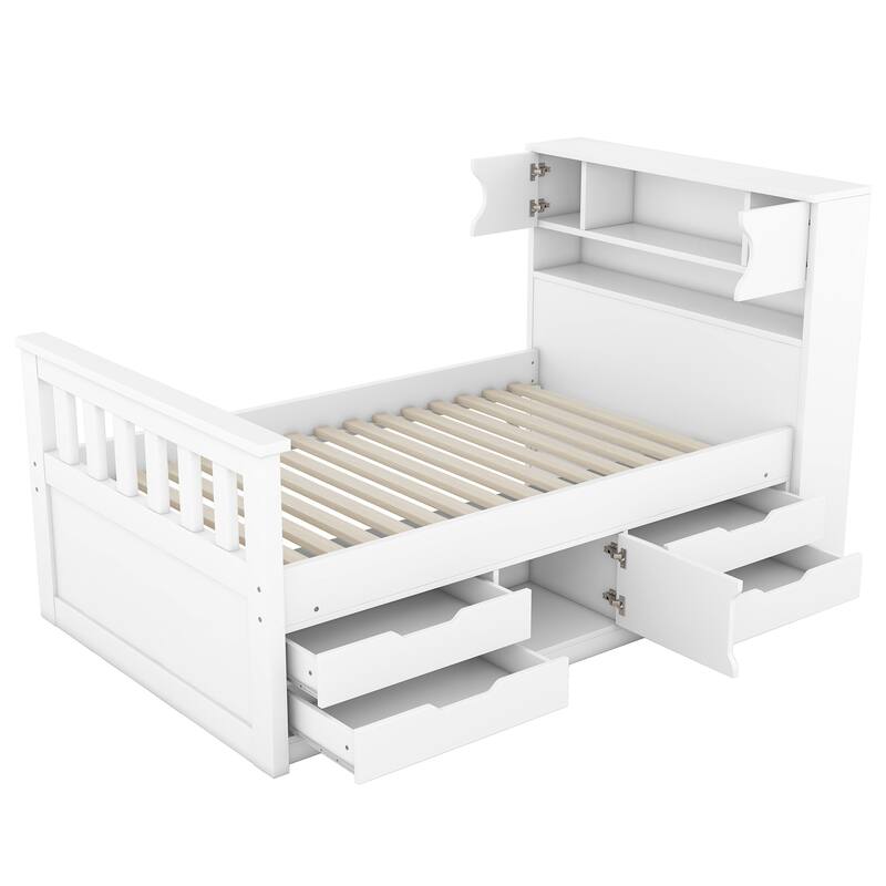 Twin Size Platform Bed Frame with Storage, Bookcase Headboard, Four Drawers, White