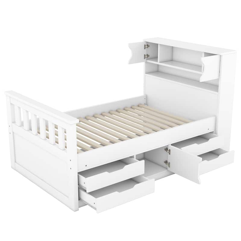 Twin Size Platform Bed with 4 Drawers, Bookcase Headboard, and Storage Shelves, Space-Saving Design, Sturdy and Quiet Frame