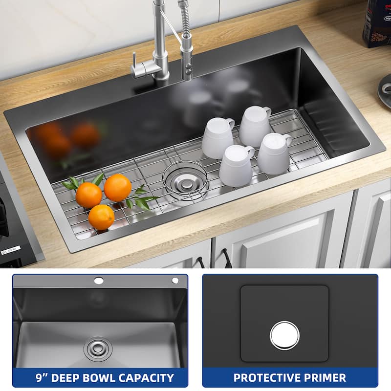Drop In Kitchen Sink, 24/28/30 Inch Top Mount Stainless Steel Nano Gunmetal Black Sink with Sink Protector