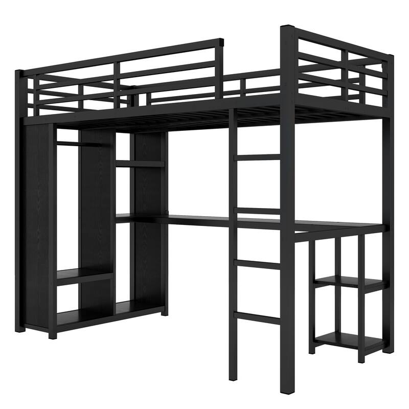 Black Metal Loft Bed Frame with Built-in Wardrobe, Desk and Shelves