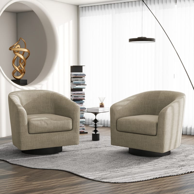 Modern Round Swivel Accent Chair Set of 2 Barrel Chair for Living Room - linen - Light Brown/Linen