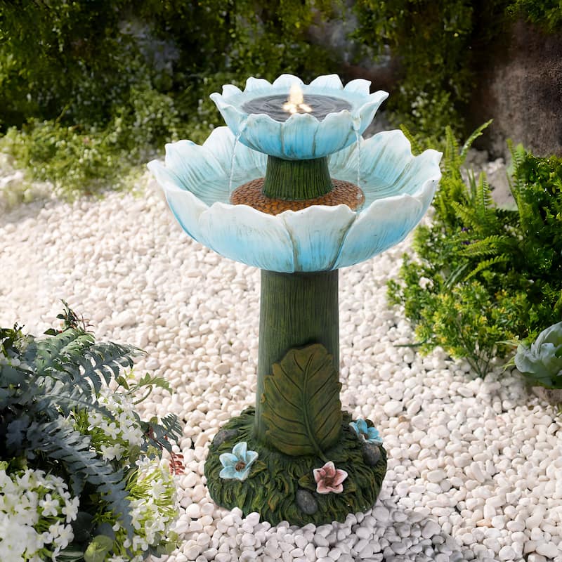 Solar Powered Blue Flower 2-Tier Resin Birdbath Fountain with Lights