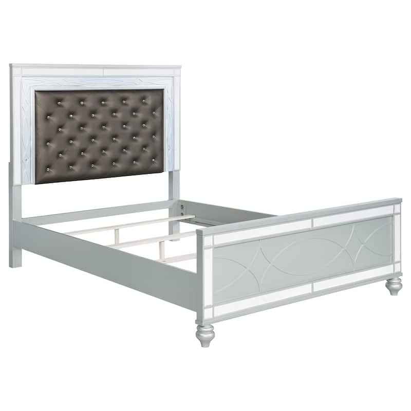 Gina 4pc Queen Bedroom Set, Silver Gray Faux Leather, LED Lights