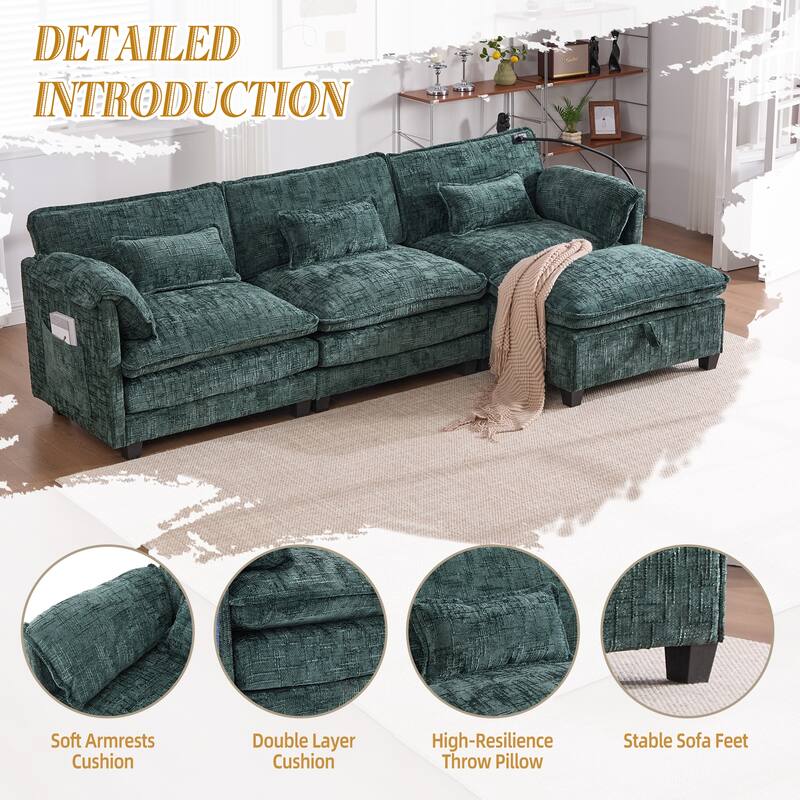 HOMEFUN Chenille Upholstered L-shaped Phone Holder Modular Sectional Sleeper Sofa with Movable Storage Ottoman