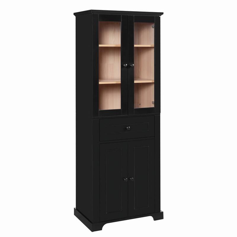 Modern 67.2"H Bathroom Storage Cabinet with Glass Doors Adjustable Shelves and Soft-Close Drawer
