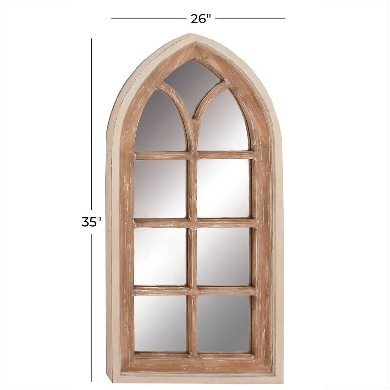 Wood Window Pane Inspired Room Wall Mirror with Arched Top and Distressing - Brown - Roche River Decor