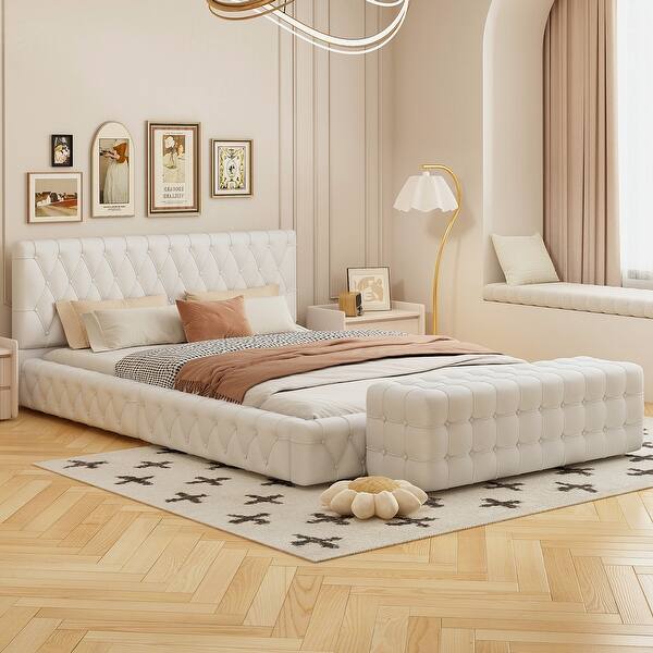 slide 2 of 22, 2-Pieces Bedroom Sets, Queen Size Velvet Platform Bed Frame Tufted Upholstered Bed with Rectangular Upholstered Ottoman