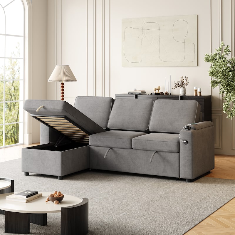 85.8" Sleeper Sectional Sofa with Storage Chaise, Armrest, Charging Port