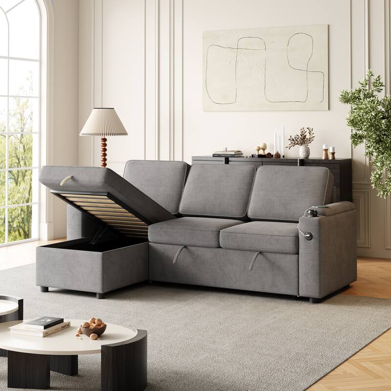 85.8-Inch Sleeper Sofa with Storage,L Shaped Sofa with Pull Out Bed and Charging Port 