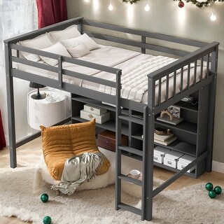 Multi-Functional Twin Size Loft Bed with 8 Open Storage Shelves and Built-in Ladder, Space Saving, Solid Construction, Gary