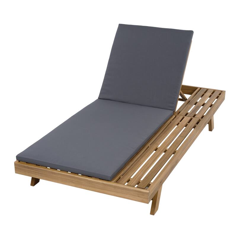 Outdoor Patio Acacia Wood Chaise Lounge Chair with Adjustable Backrest, Side Open Storage and Water-Repellent Cushions
