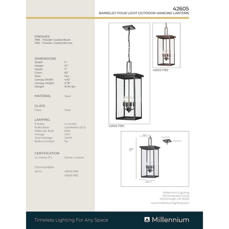 Millennium Lighting Barkeley 1 Light Outdoor Hanging Lantern in Powder Coated Black with ClearGlass Shades