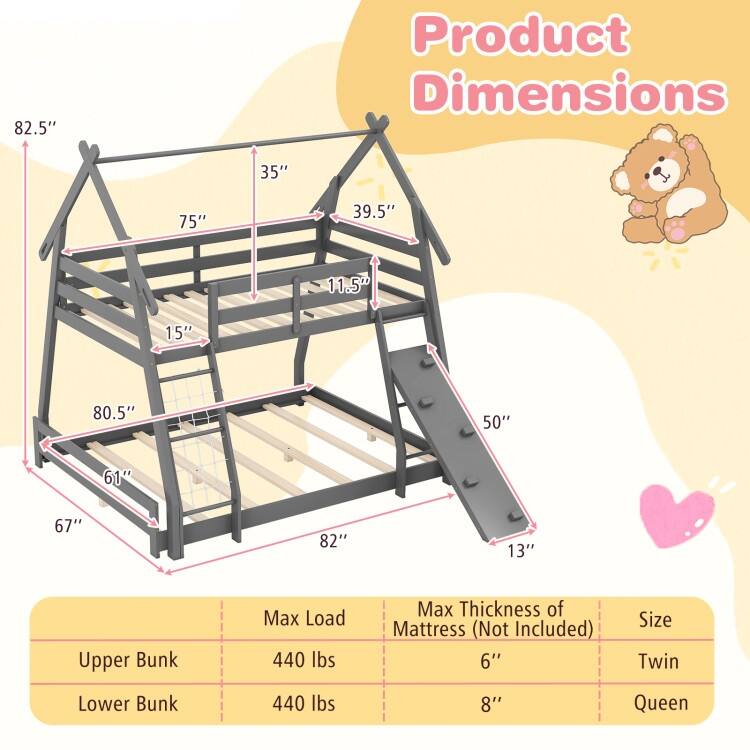 Twin Over Queen Bunk Bed Wooden Kids Bed with Climbing Nets and Ramp
