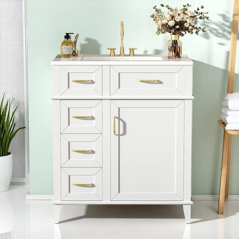 Traditional 30 Inch Bathroom Vanity with Sink, 3 Soft-Close Drawers, Adjustable Storage, Gold Hardware, Freestanding - White