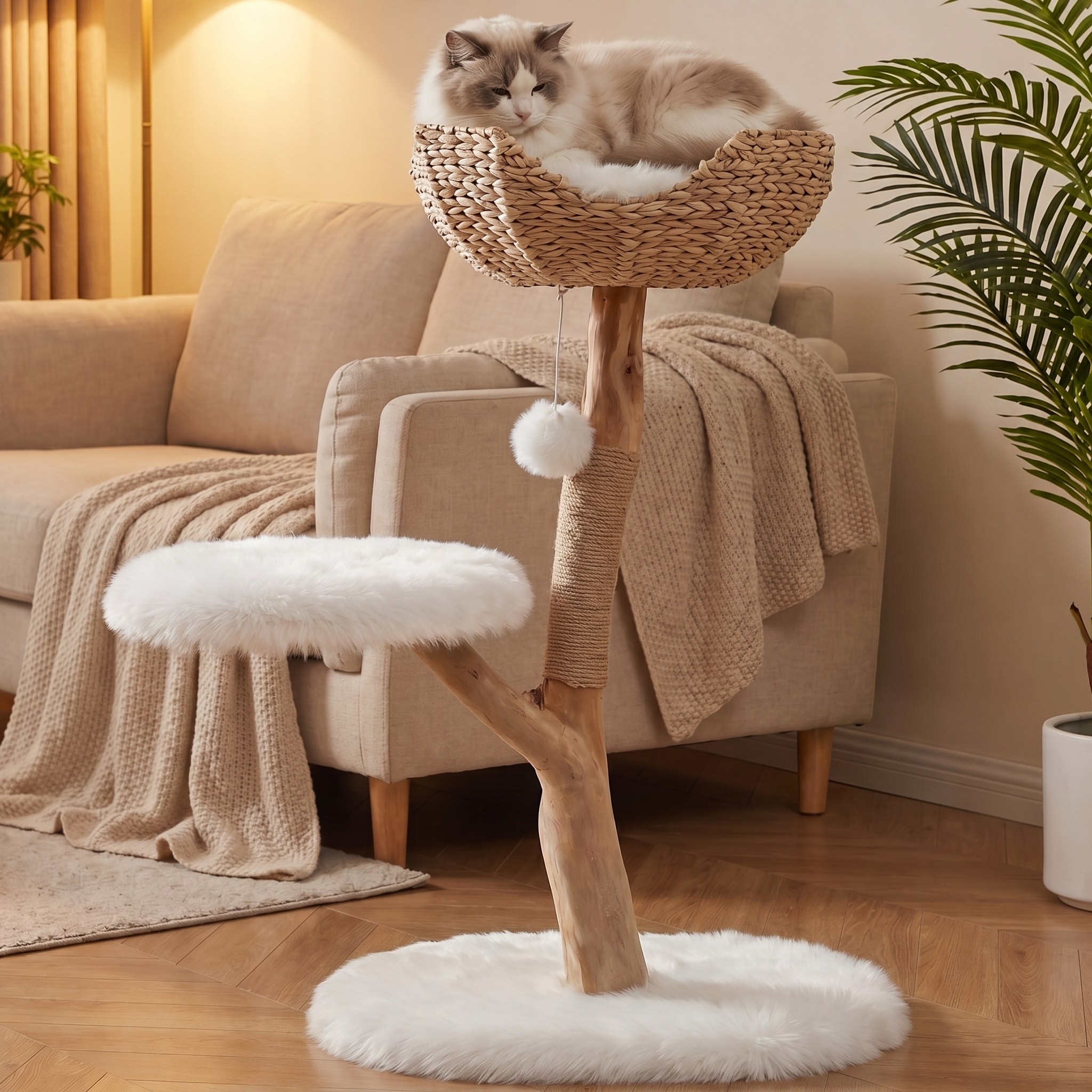 Solid Wood Cat Tree, Boho Cat Tower with Cat Ear Wicker Basket Bed, Scratching Post & Perch, Small Cat Tree for Indoor Cats