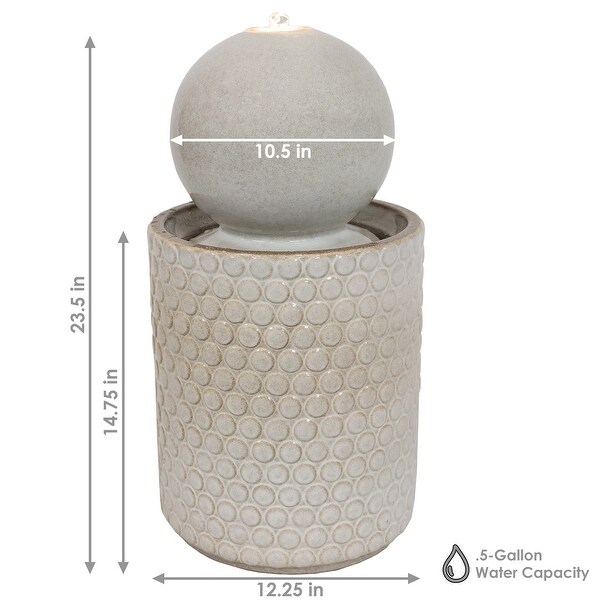 Sunnydaze Modern Orb on Circle-Pattern Base Ceramic Outdoor Fountain with LEDs - 23-Inch