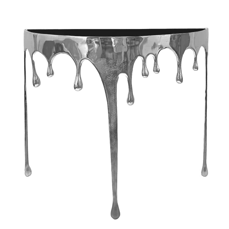 Capri Sofa Console Table, 36.25" Half Moon Glass Top, Melting Drip Design Aluminum Cast Silver