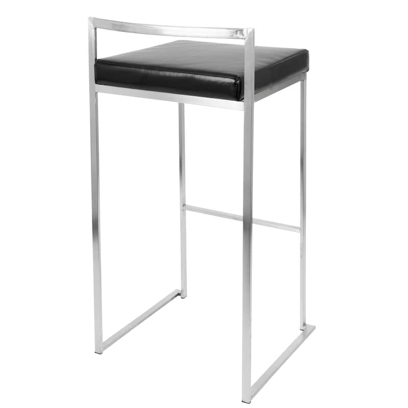 Set of 2 Barstools in Stainless Steel and Black Faux Leather 34"